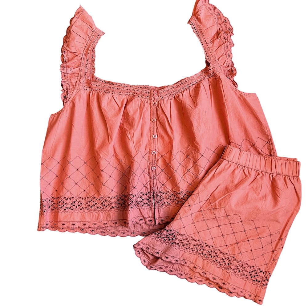 Shabby Chic NEW Eyelet Lace 100% Cotton Embroidered 2 Piece Pajamas Light Medium